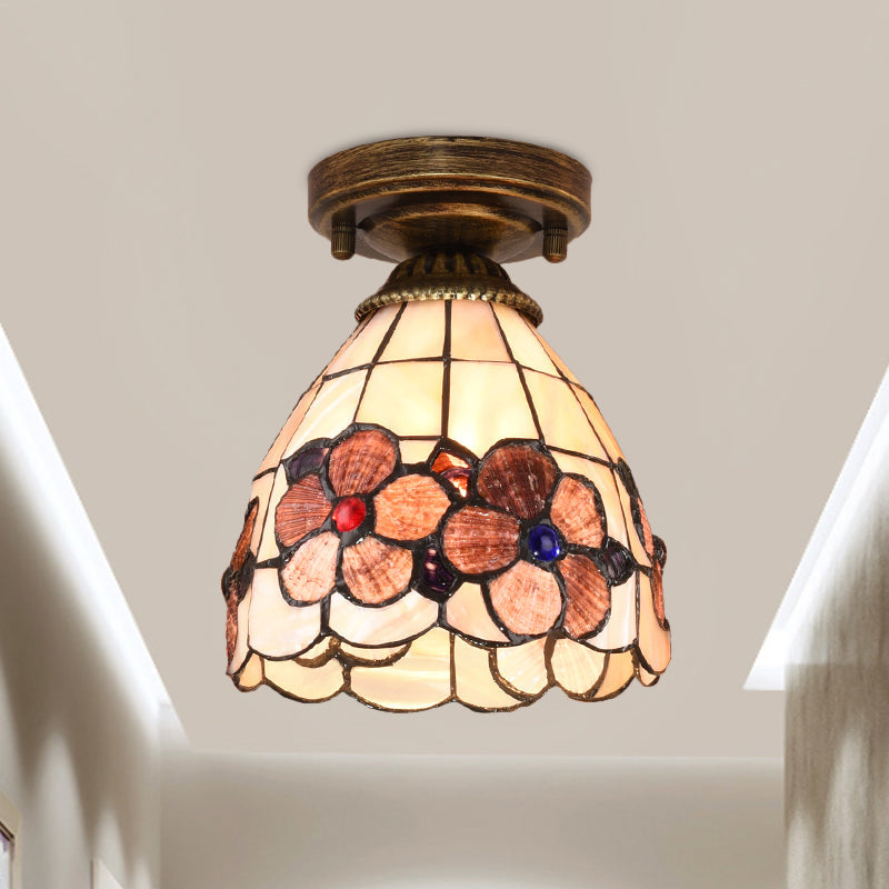 Tiffany Floral Bell Ceiling Light Fixture In Beige/Red-White/Pink For Living Room Pink