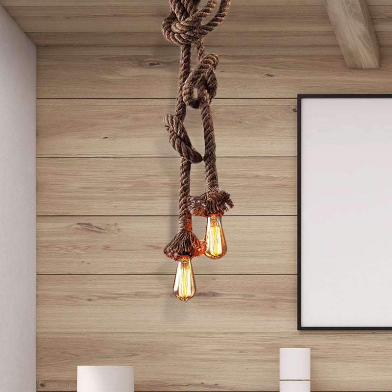 Vintage Style Rope Pendant Light With Open Bulbs - Brown 2 Heads Ideal For Bars