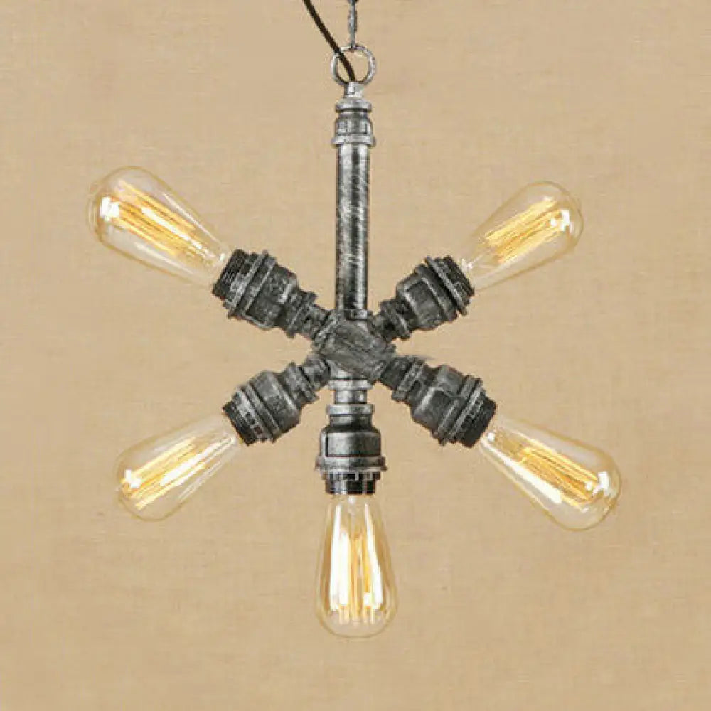 Aged Silver Industrial Style Open Bulb Chandelier With 5 Lights