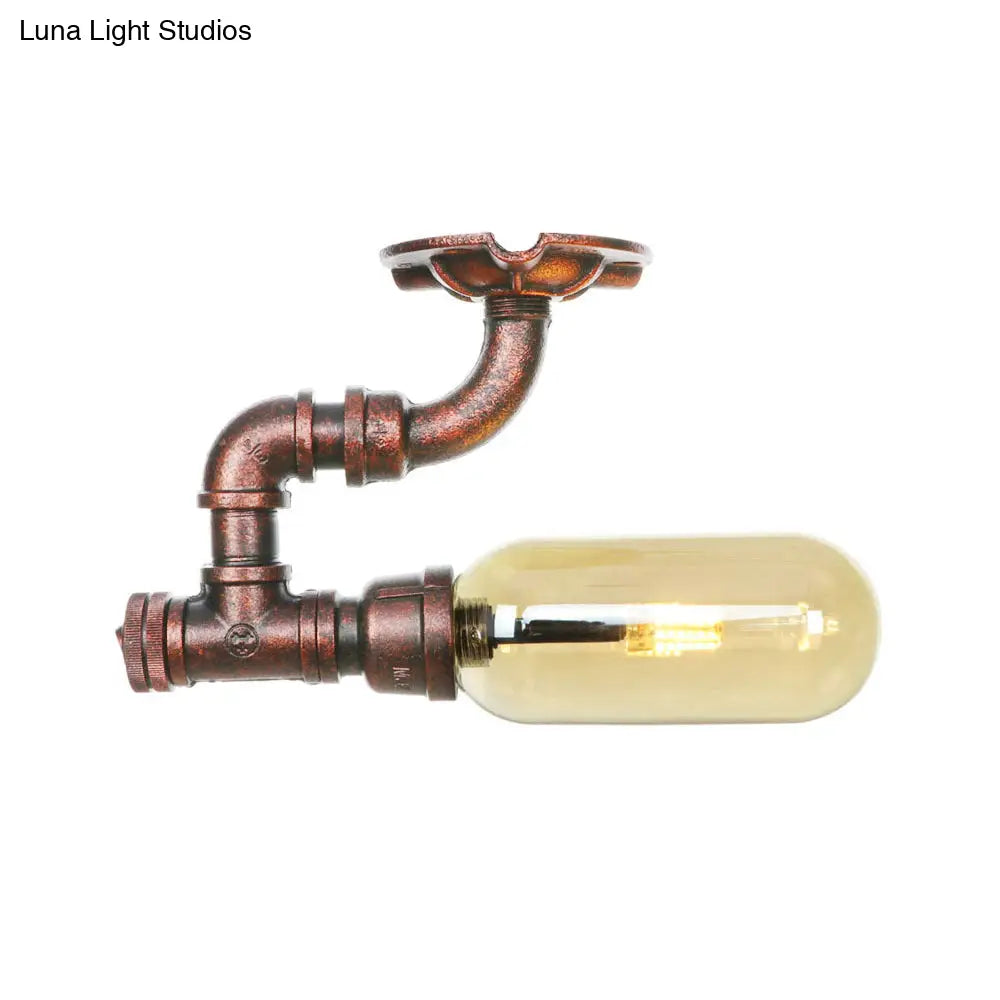 Amber Glass Semi Flush Oval Shade Light Fixture In Weathered Copper With Industrial Pipe Design For
