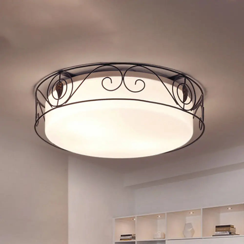Antique Circular White Glass Flush Mount Light With 4 - Heads & Wire Cage