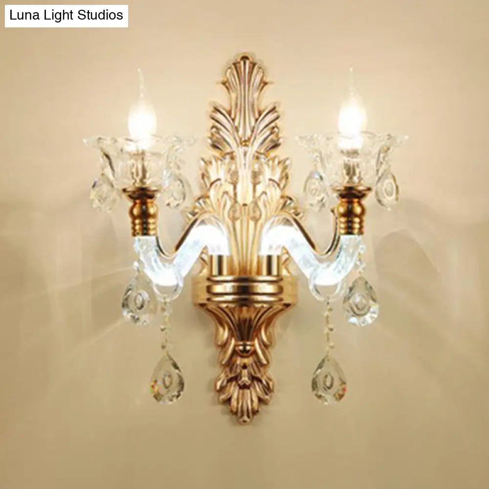 Antique Gold Glass Wall Light With Flower Texture And Crystal Accent For Living Room