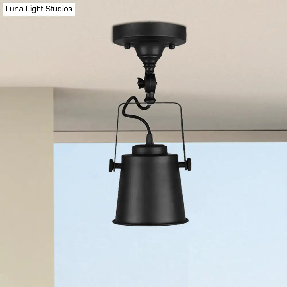Antique Metal Bucket Shade Ceiling Lamp - Rotatable Semi Flush Pendant Light For Living Rooms 1