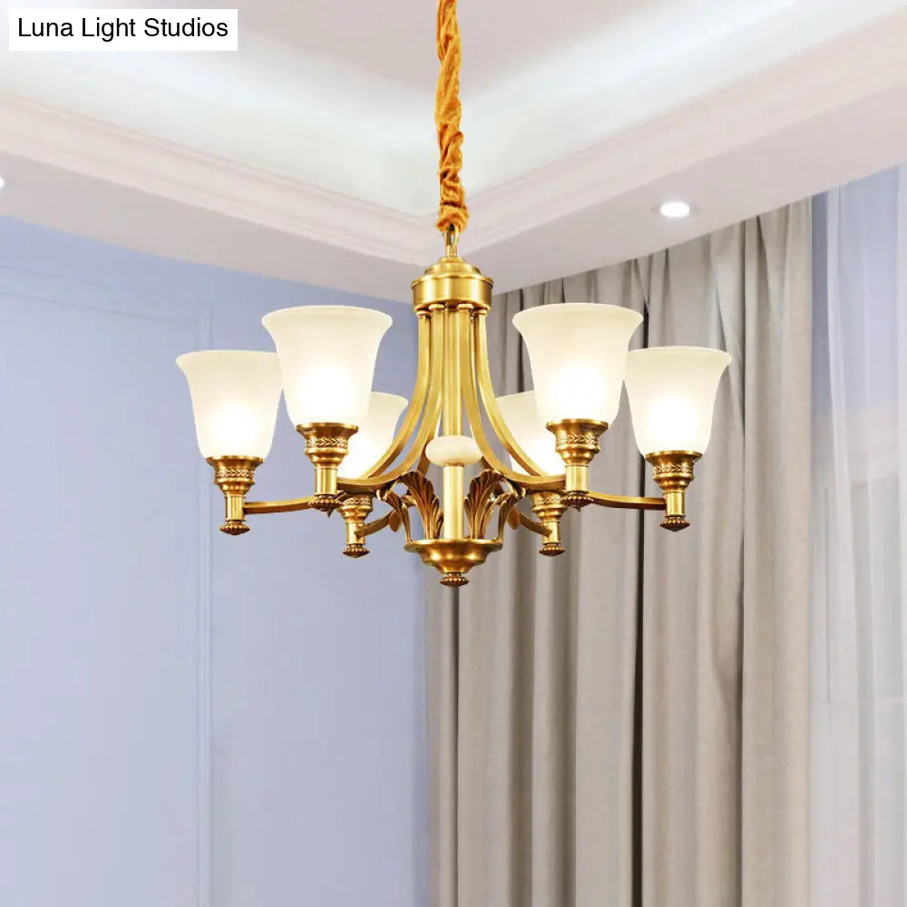 Antique Style Opaline Glass Bedroom Chandelier With Brass Flared Design