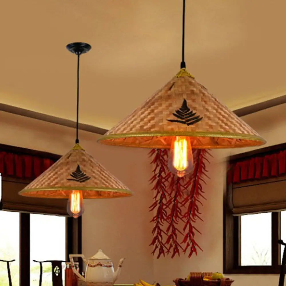Asia Bamboo Coolie Hat Pendant Ceiling Light - Single-Bulb Wooden Hang Lamp for Restaurants Wood / B