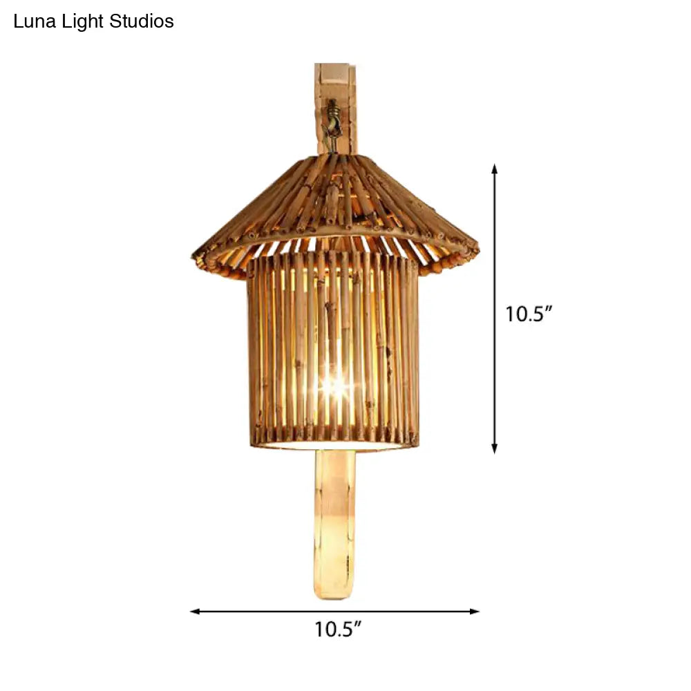 Bamboo Wall Lamp: Wood Cylinder/House/Teapot Sconce Light Fixture With Curved Arm