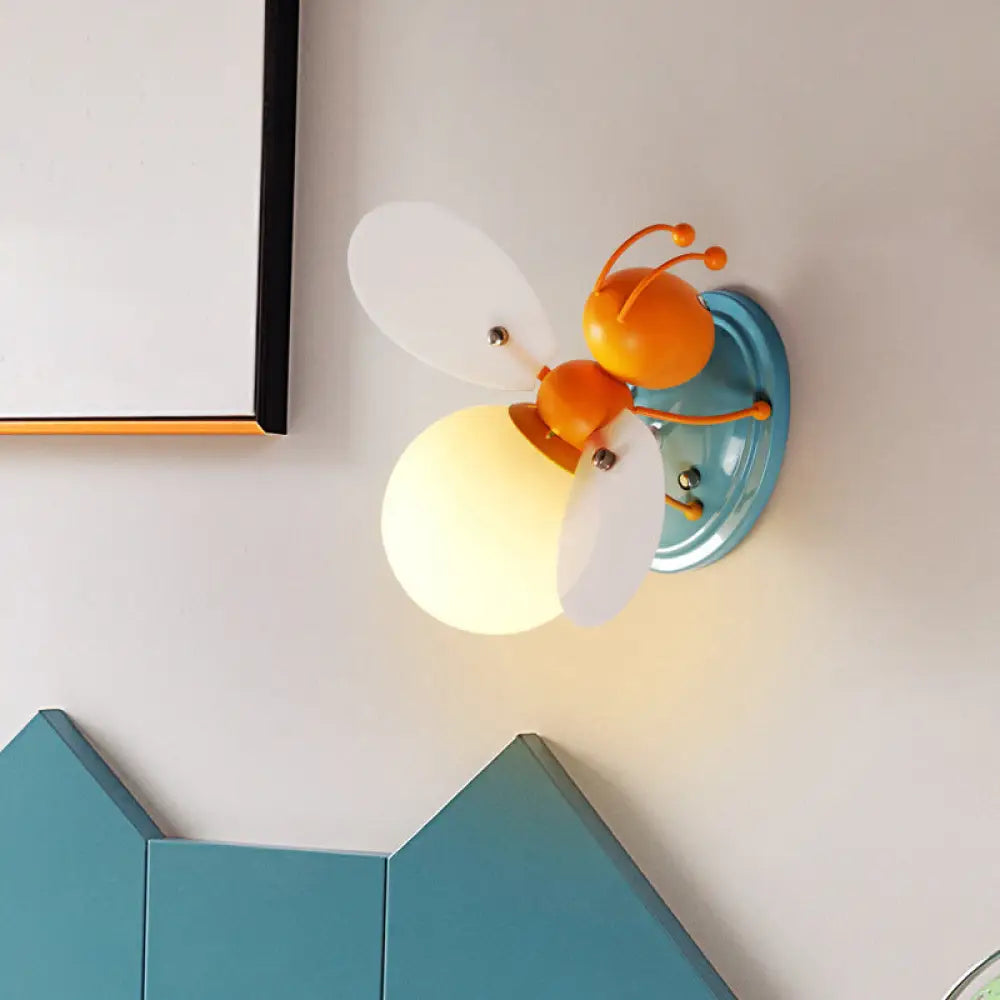 Bee Shaped Child Room Sconce Lighting: Modern Metallic Wall Light With Cream Glass Shade In Yellow /