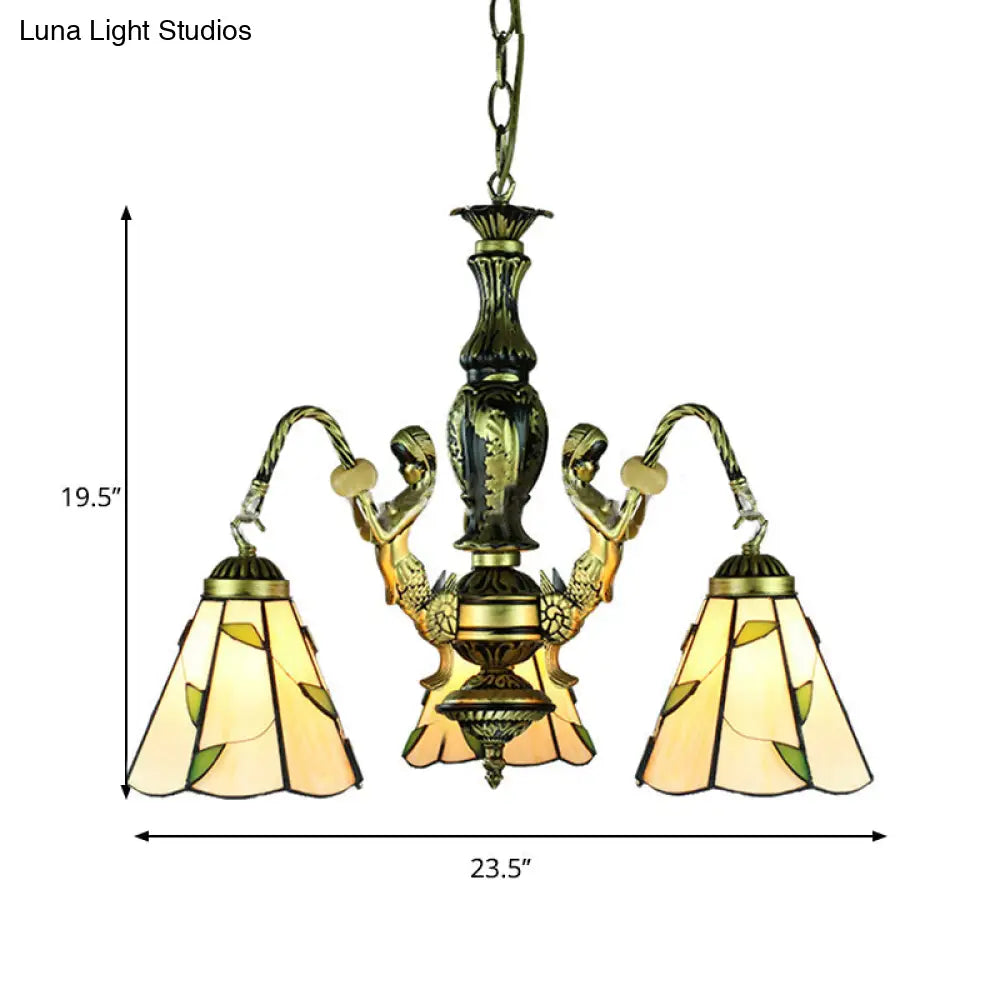 Beige Tiffany 3-Light Chandelier: Mermaid Cut Glass Pendant For Dining Room