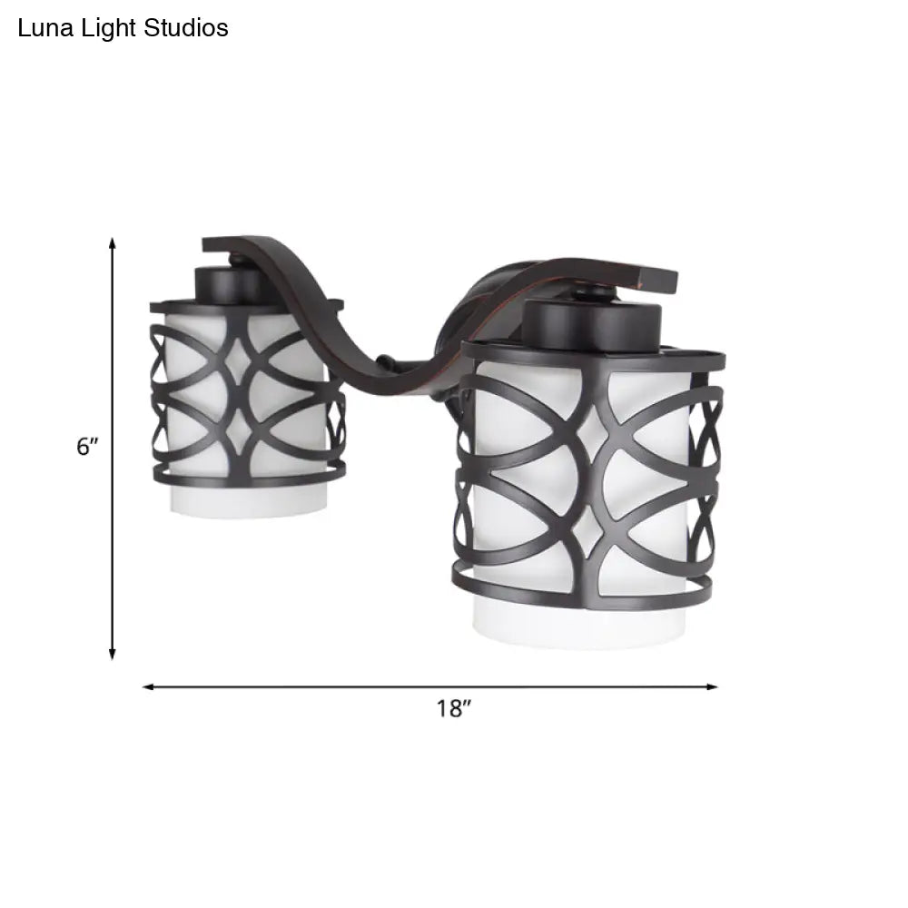 Black Hollowed Frame Milky Glass Vanity Light For Shower/Bath With 2-Blubs - Classic Style