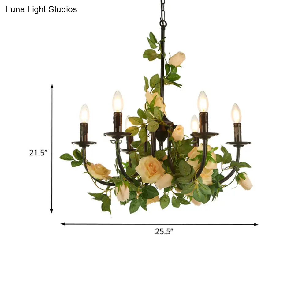 Black Iron Chandelier Lamp With 6 Rose-Decorated Heads