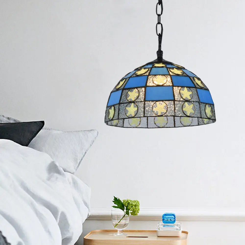 Black Tiffany-Style Glass Star Pendant Light - 12’/16’ Wide 1-Light Fixture Blue / 12’