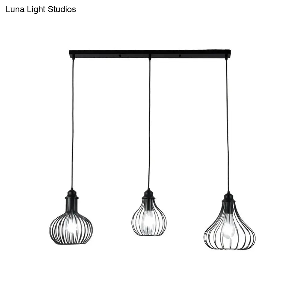 Black Vintage Onion Caged Pendant Light Fixture With 3 Bulbs - Metal Hanging For Restaurants