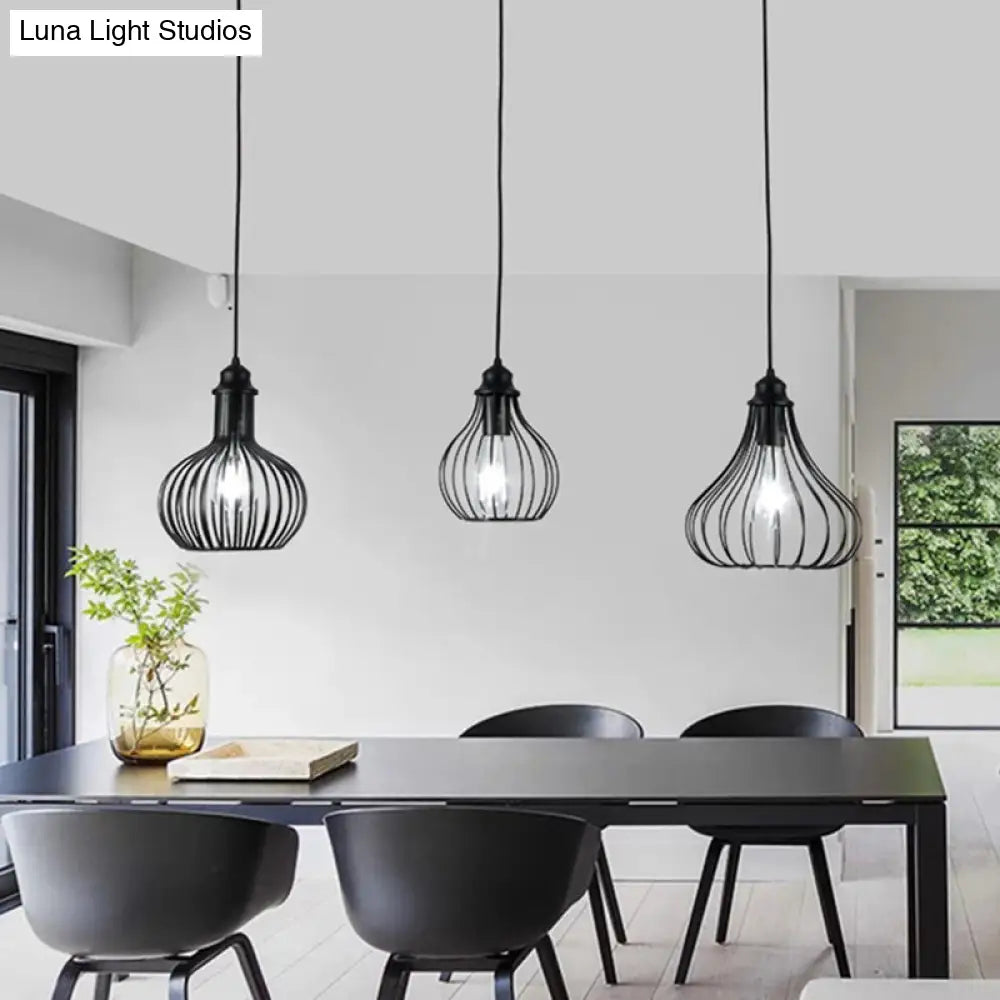 Black Vintage Onion Caged Pendant Light Fixture With 3 Bulbs - Metal Hanging For Restaurants