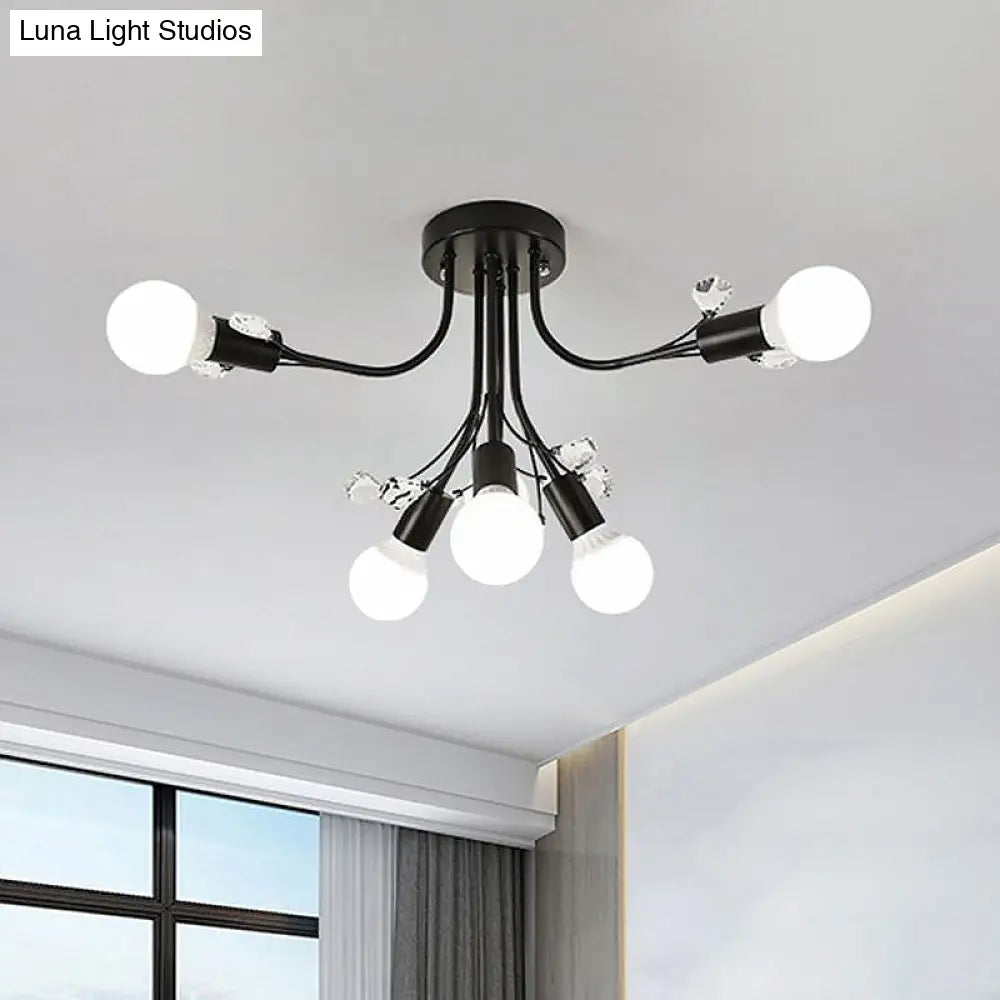 Black/White/Gold Metal Curved Arms Semi Flush Mount Light - Nordic Style 6/9 Lights Bedroom Ceiling