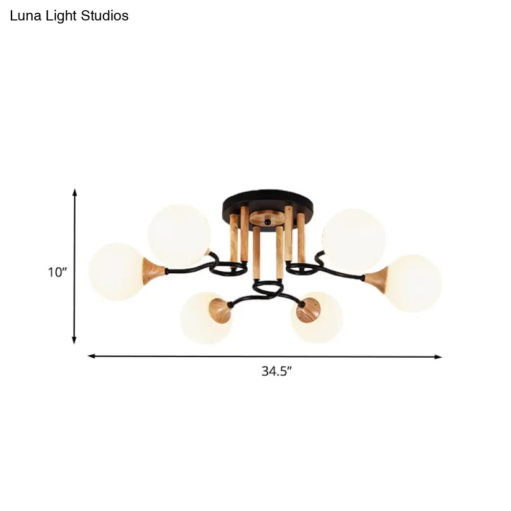 Black & Wood Sphere Semi Flush Mount Light - Modern 3/6 Lights Opal Glass Ceiling Lamp