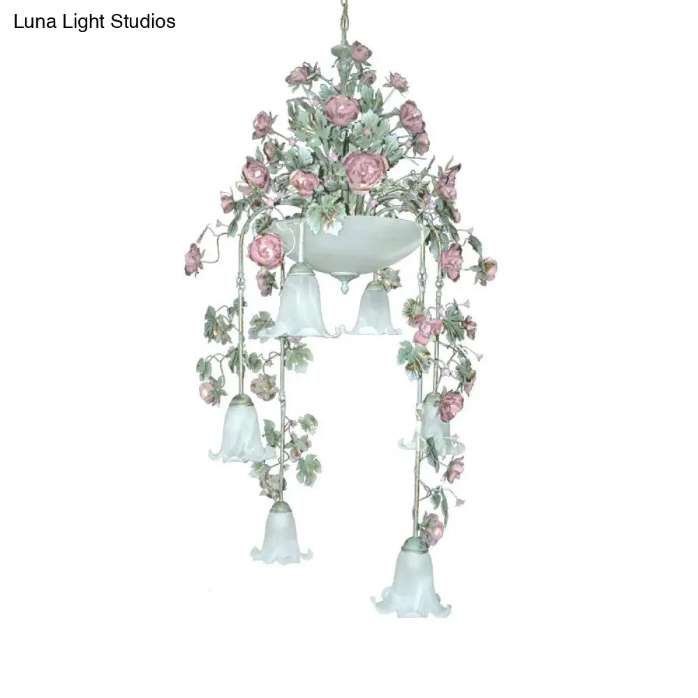 Blossom White Chandelier With 10 Led Bulbs - Elegant Bedroom Lighting In Pink/Red