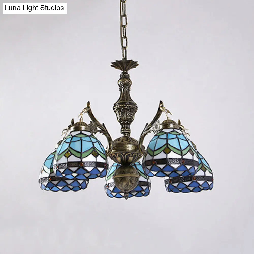 Blue Baroque Dome Stained Glass Chandelier - 5 Light Suspension Lamp For Living Room