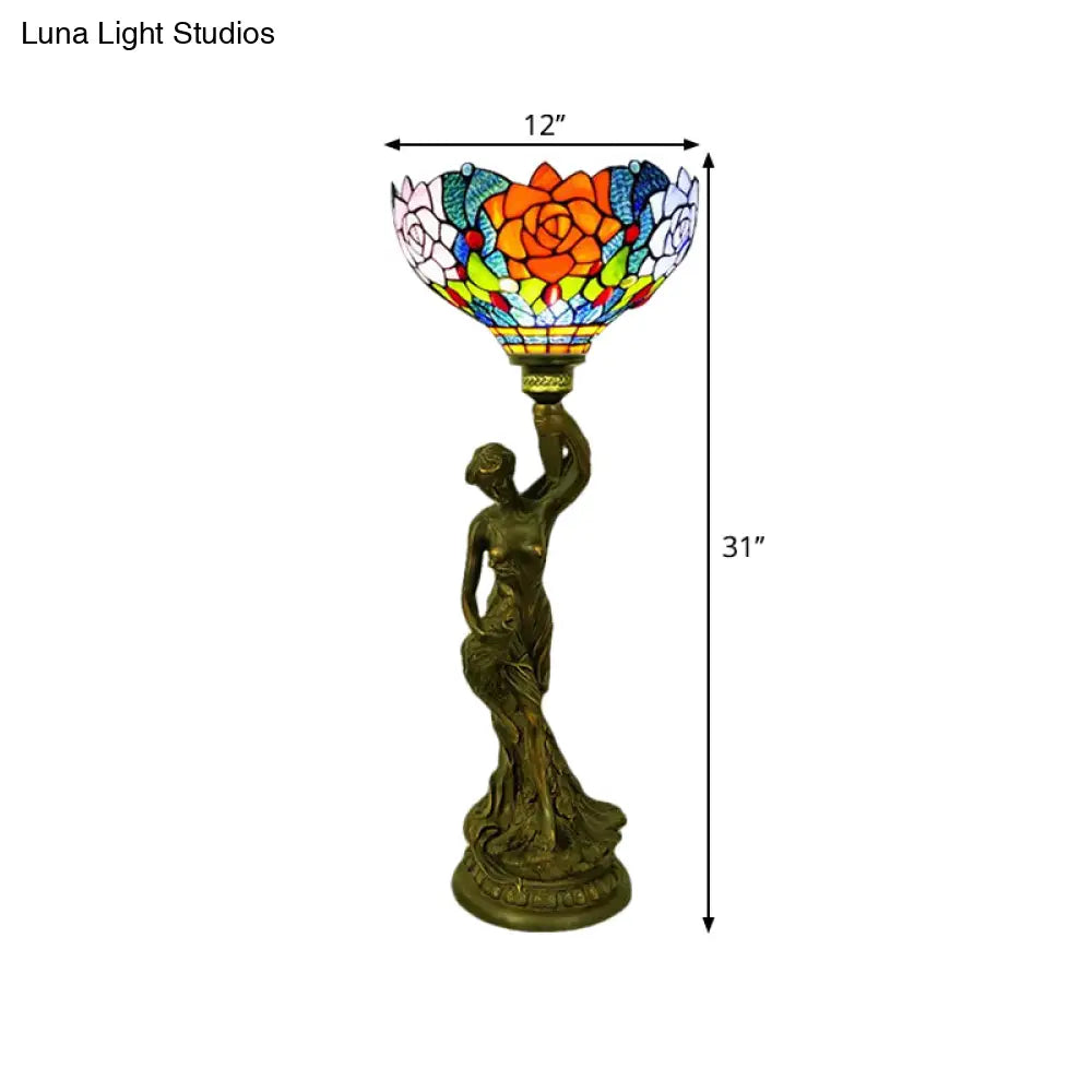 Bowl Table Night Lamp In Brass With Stained Glass Baroque Petal/Dragonfly Pattern & Resin Naked