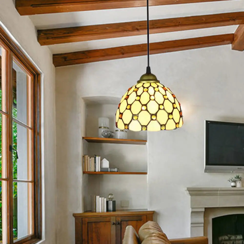 Brass 1-Head Tiffany Glass Pendant Light With Jewel - Multiple Sizes Available / 7.5’