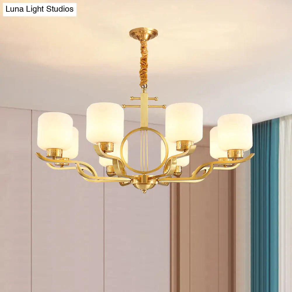 Brass Cylinder Milk Glass Chandelier Pendant Light For Traditional Living Rooms