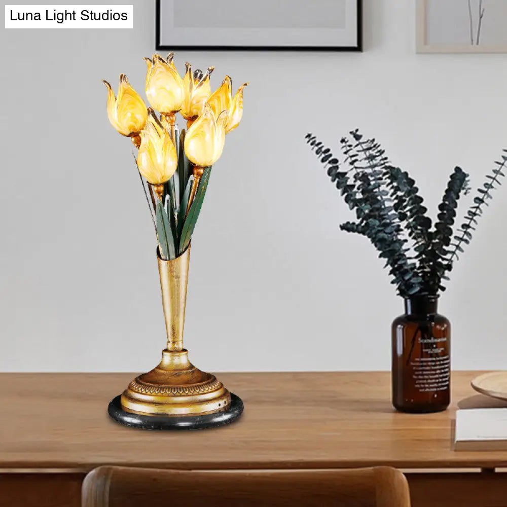 Brass Led Nightstand Light With Tulip Metal Design For Living Room - American Garden Theme