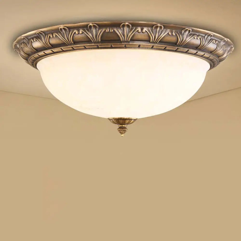 Bronze Antique Domed Flush Light With Milky Glass Ceiling Mount For Bedroom 3 / Flower