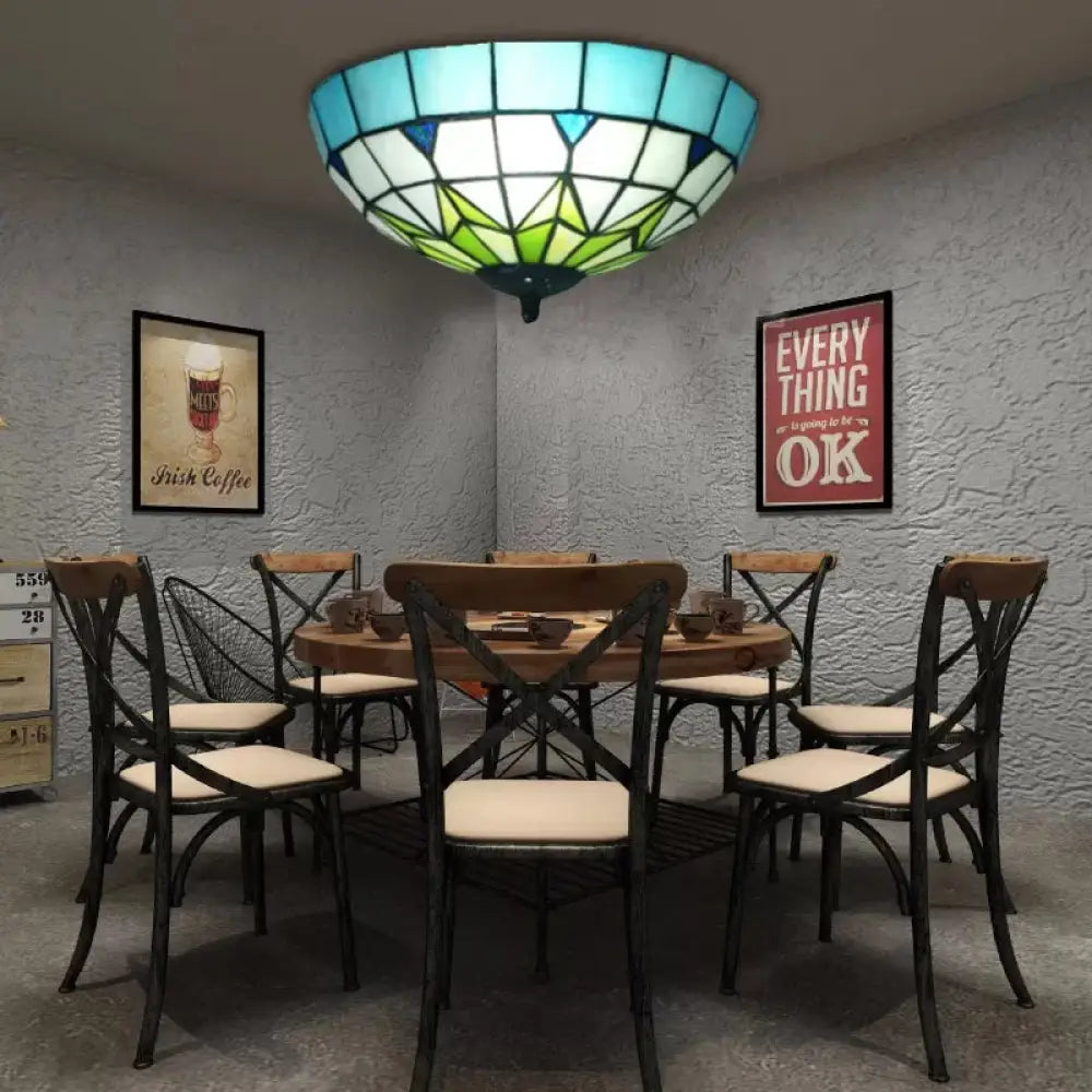 Bronze Stained Glass Ceiling Lighting - Mini Tiffany Style Flush Mount Light Fixture With Jewel For
