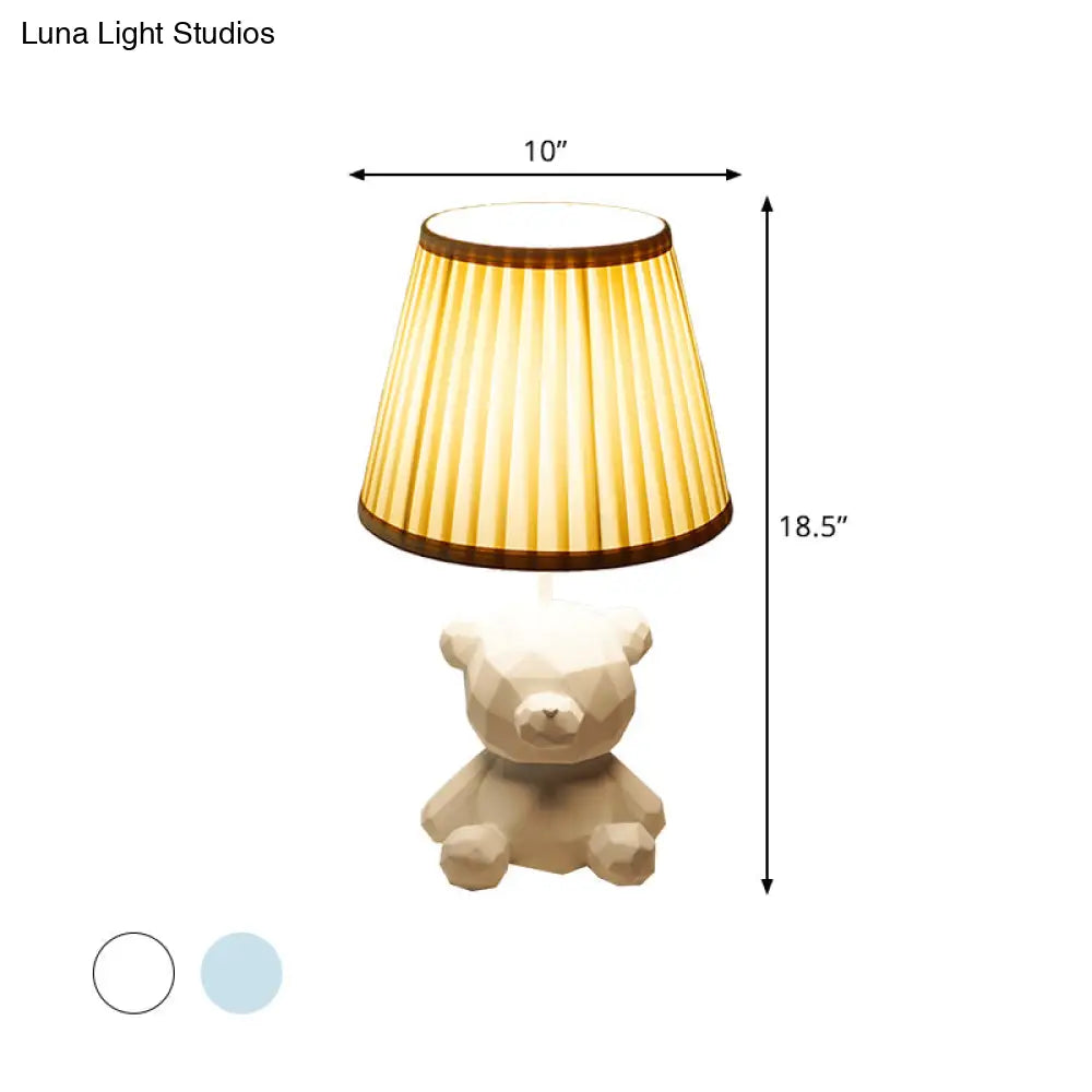 Cartoon Bear Barrel Fabric Table Light - White/Blue Night Lamp With Resin Base