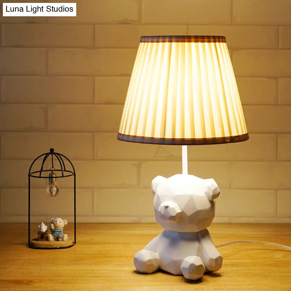 Cartoon Bear Barrel Fabric Table Light - White/Blue Night Lamp With Resin Base