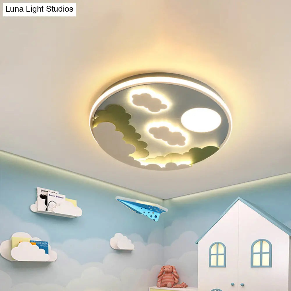 Cartoon Blue Led Flush Mount Nursery Ceiling Lamp With Cloud And Moon Acrylic Shade