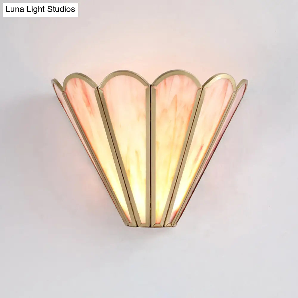 Cartoon Brass Badminton Wall Light With Pink Glass For Living Room