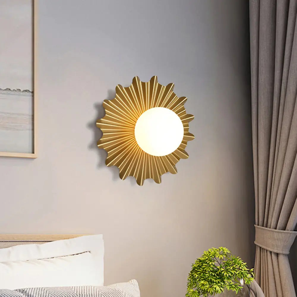 Cartoon Flower Metallic Wall Sconce - Gold 1-Light Lamp With Milk Glass Shade