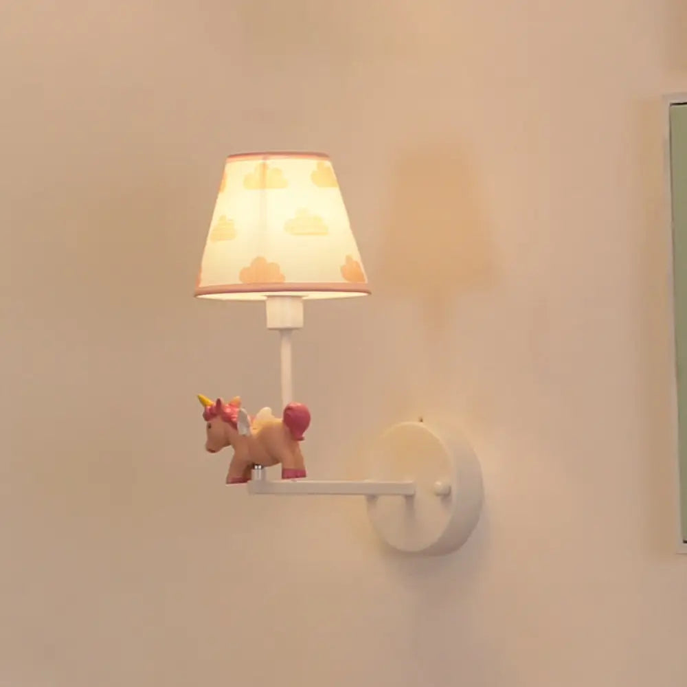 Cartoon White Wall Mount Light: Single-Bulb Bedroom Fixture With Conical Fabric Shade / A