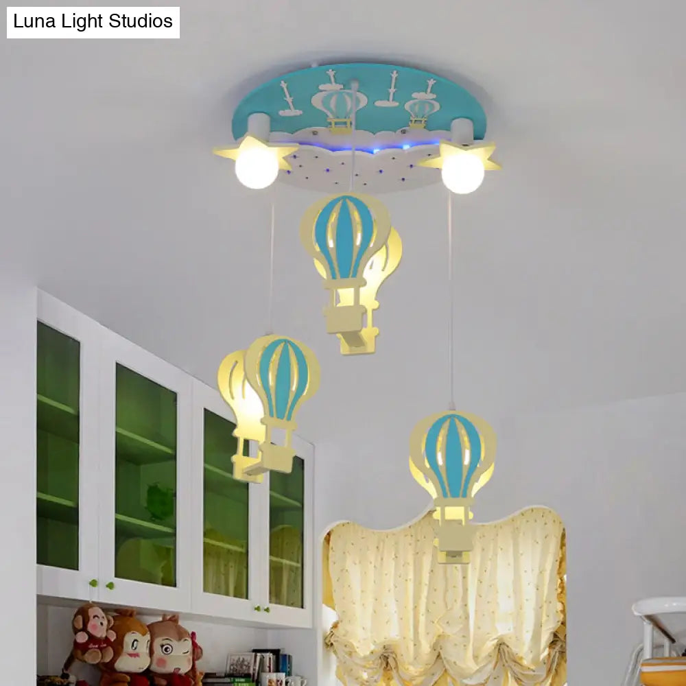 Cartoon Wooden Hot Air Balloon Semi Flush Ceiling Light With 5 Bulbs For Nursery