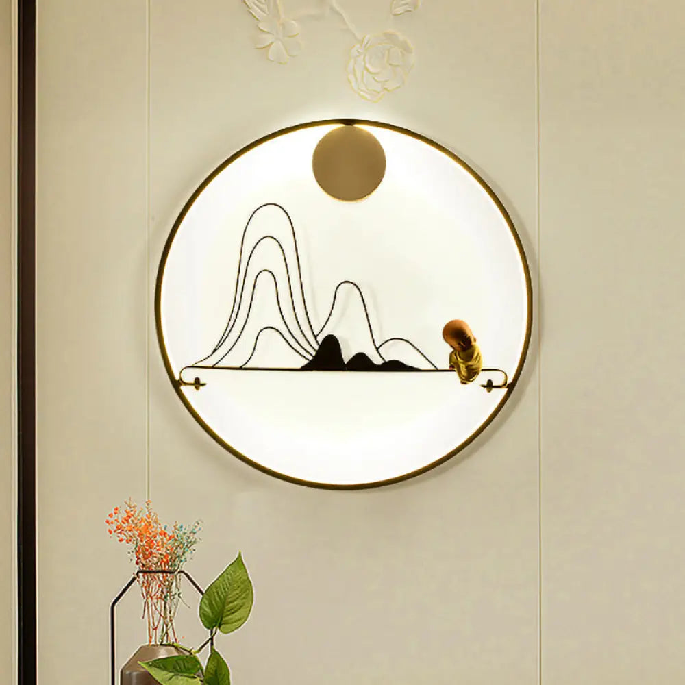 Chinese Style Fabric Gold Led Sconce Light - Mountain And Monk Mural Wall Lamp