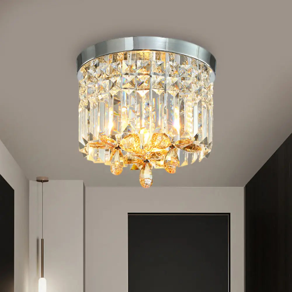 Chrome Cylinder Crystal Led Flush Light For Doorway - 10’/15.5’ Wide / 10’