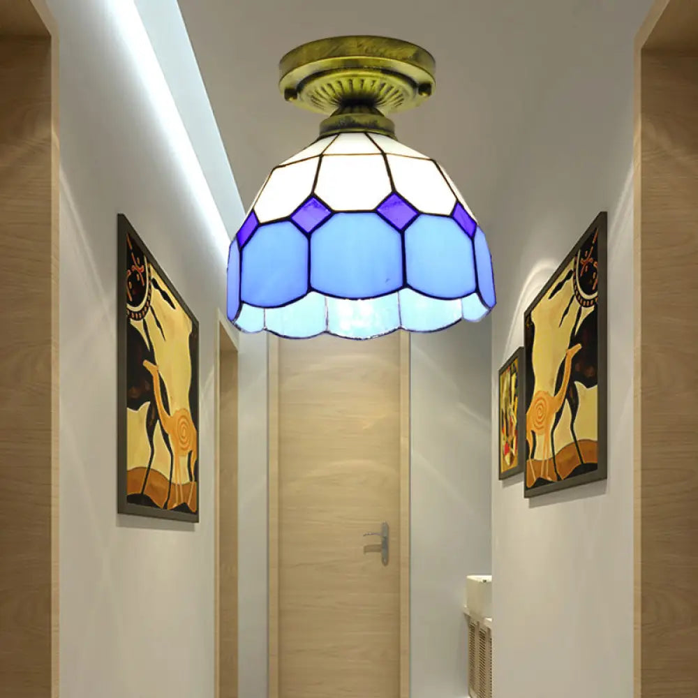 Classic Bell Shade Glass Semi Flush Ceiling Light - 1 Head Mount Blue / 8’