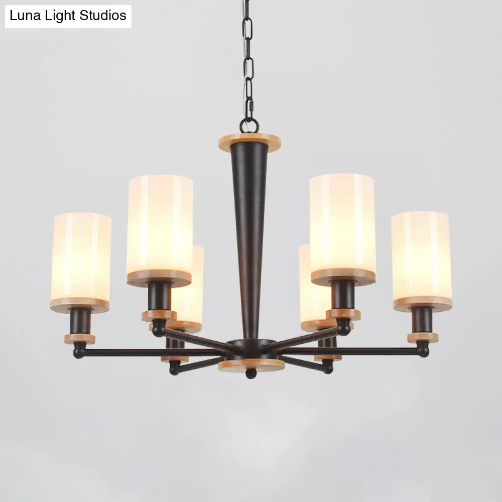 Classic Cylindrical Pendant Chandelier With White Glass Available In 3/5/6 Heads Black Finish