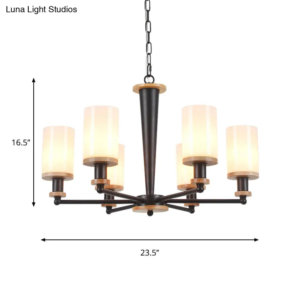 Classic Cylindrical Pendant Chandelier With White Glass Available In 3/5/6 Heads Black Finish