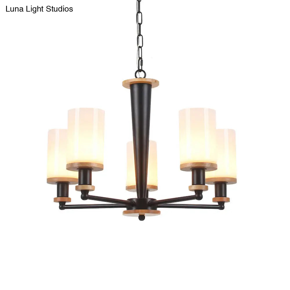 Classic Cylindrical Pendant Chandelier With White Glass Available In 3/5/6 Heads Black Finish
