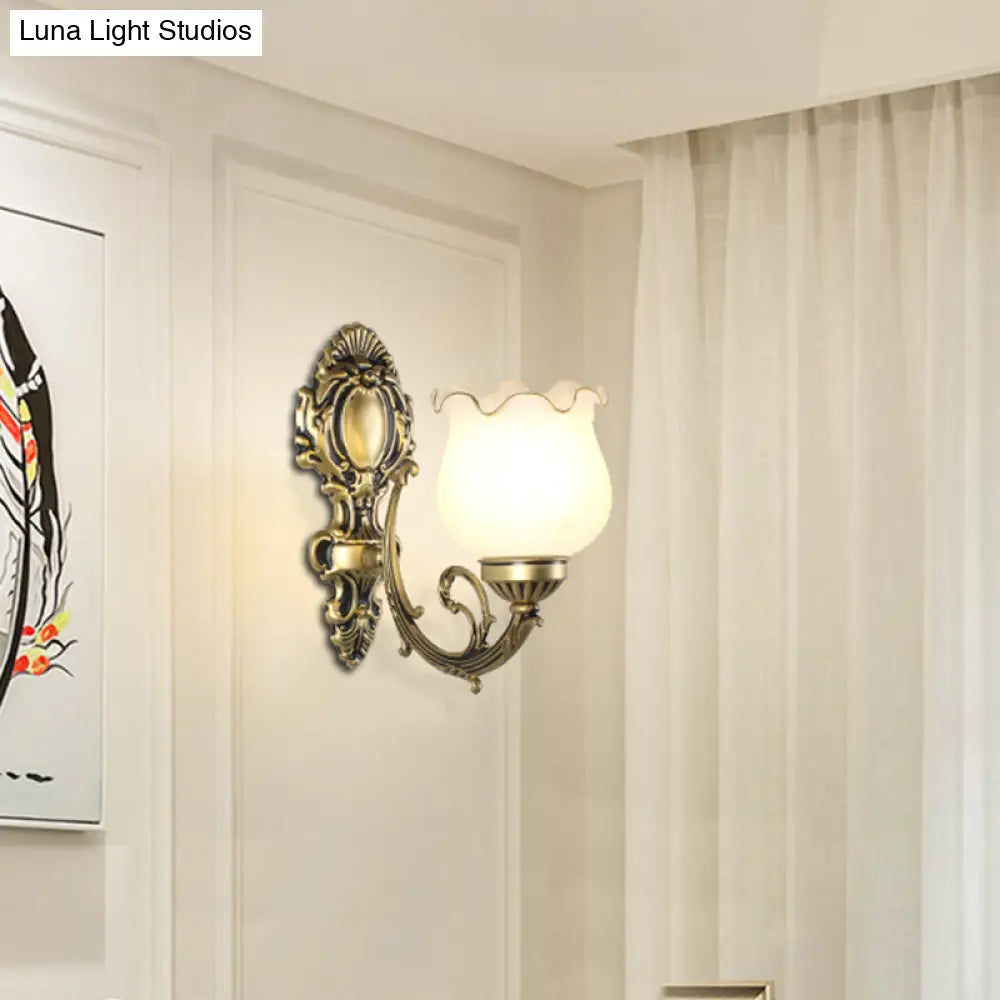 Classic Flower Wall Mount Light With Frost Glass And Ruffle Trim For Corridor