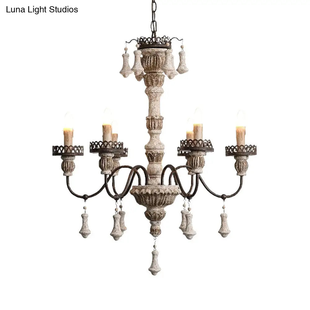 Classic Metal Curvy Arm Chandelier With 6 Bulbs - Distressed Wood Pendant Lamp For Living Room