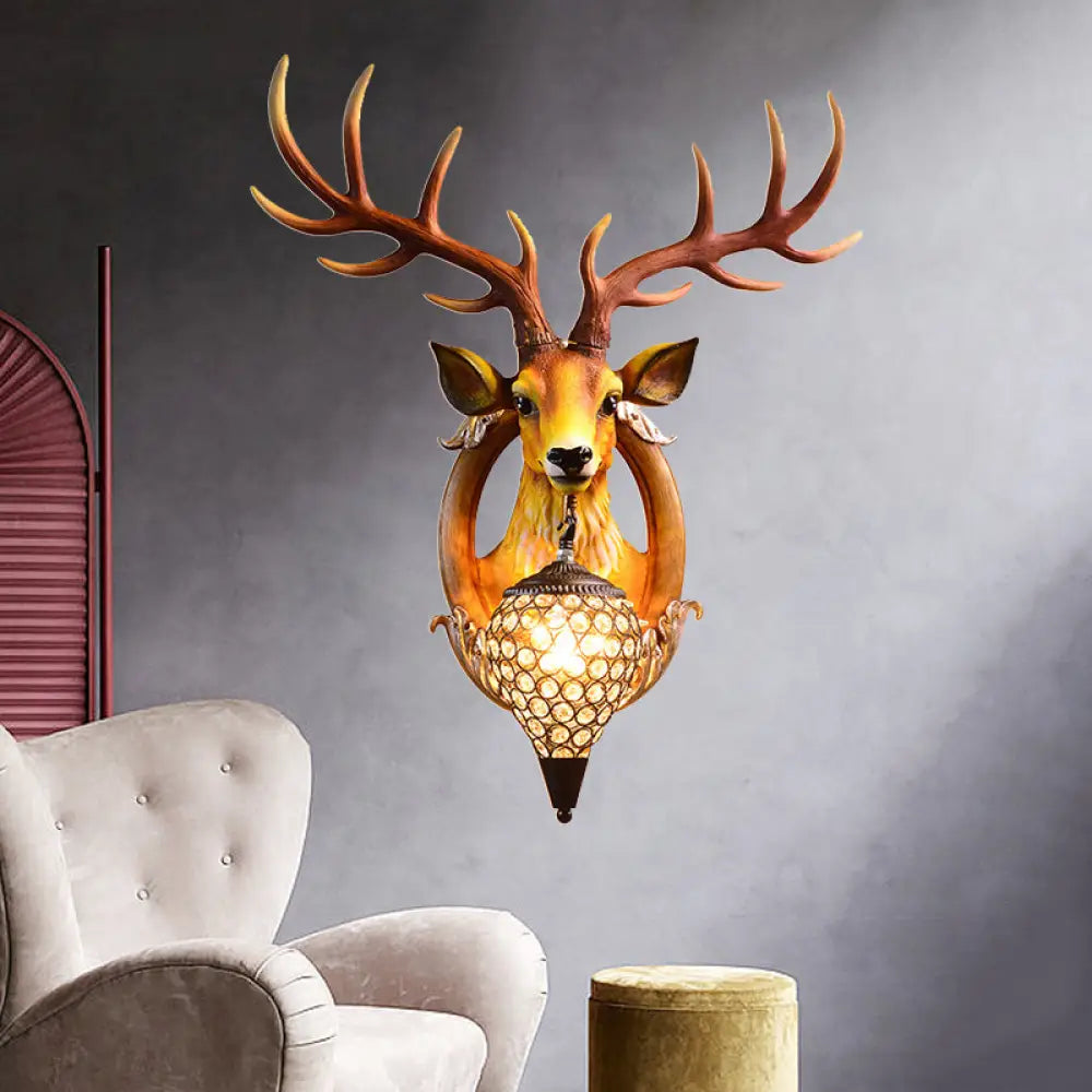 Clear Beveled Crystal Sconce With Rural White/Brown/Black Finish And Faux Elk Backplate - Bedroom