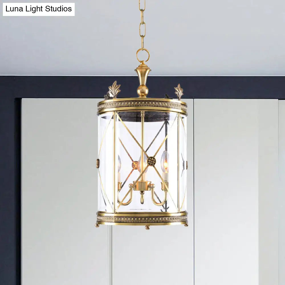 Colonial-Inspired Triple Head Clear Glass Chandelier In Gold - Cylindrical Pendant Lighting Fixture