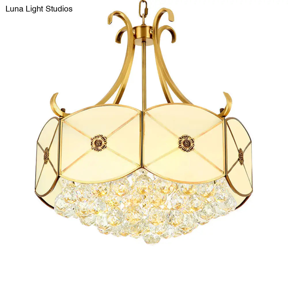 Colonial Ivory Glass Drum Restaurant Chandelier With Gold Accents & Crystal Ball - 4 Heads
