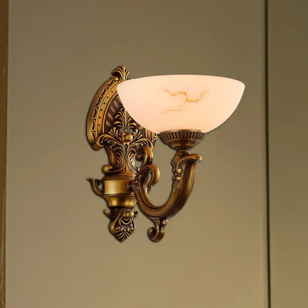 Colonial Style Antique Brass Wall Lamp with Frosted Glass Bowl Shade ...