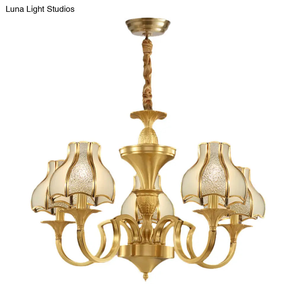 Colonial Style Gold Chandelier With Opal-White Glass Shades - 5/6 Heads
