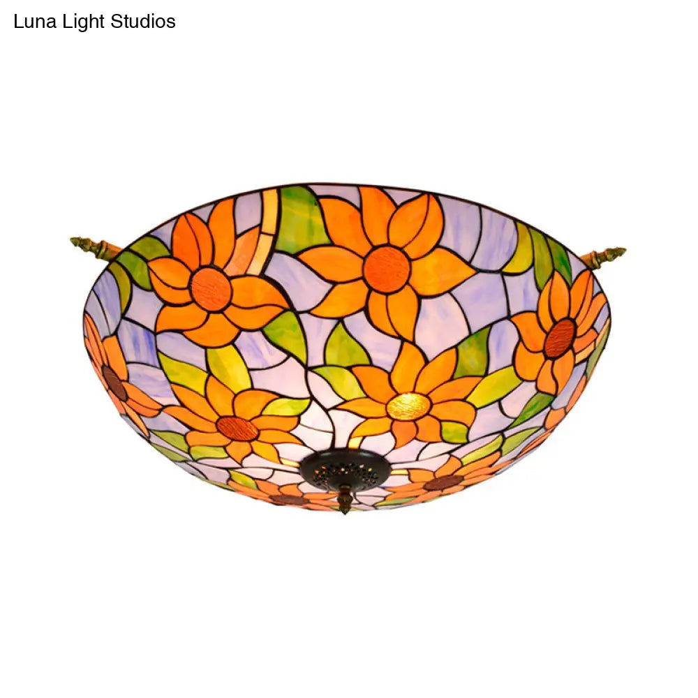 Colorful Stained Glass Flower Ceiling Fixture With 5 Tiffany Style Lights - Pink/Yellow/Blue Semi