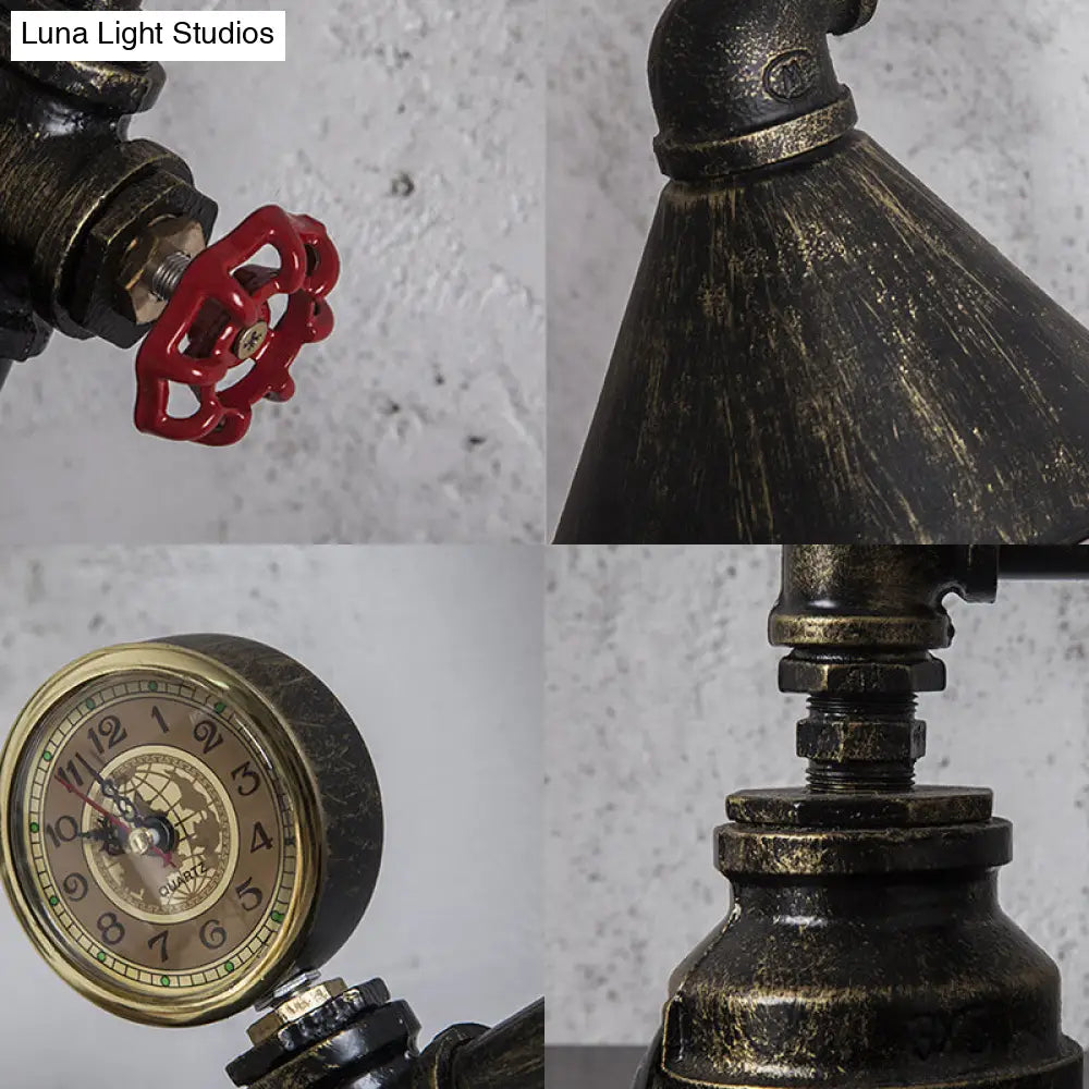 Conic Metal Shade Table Lamp - Industrial Style 1 Light Red Valve And Clock Deco Bronze