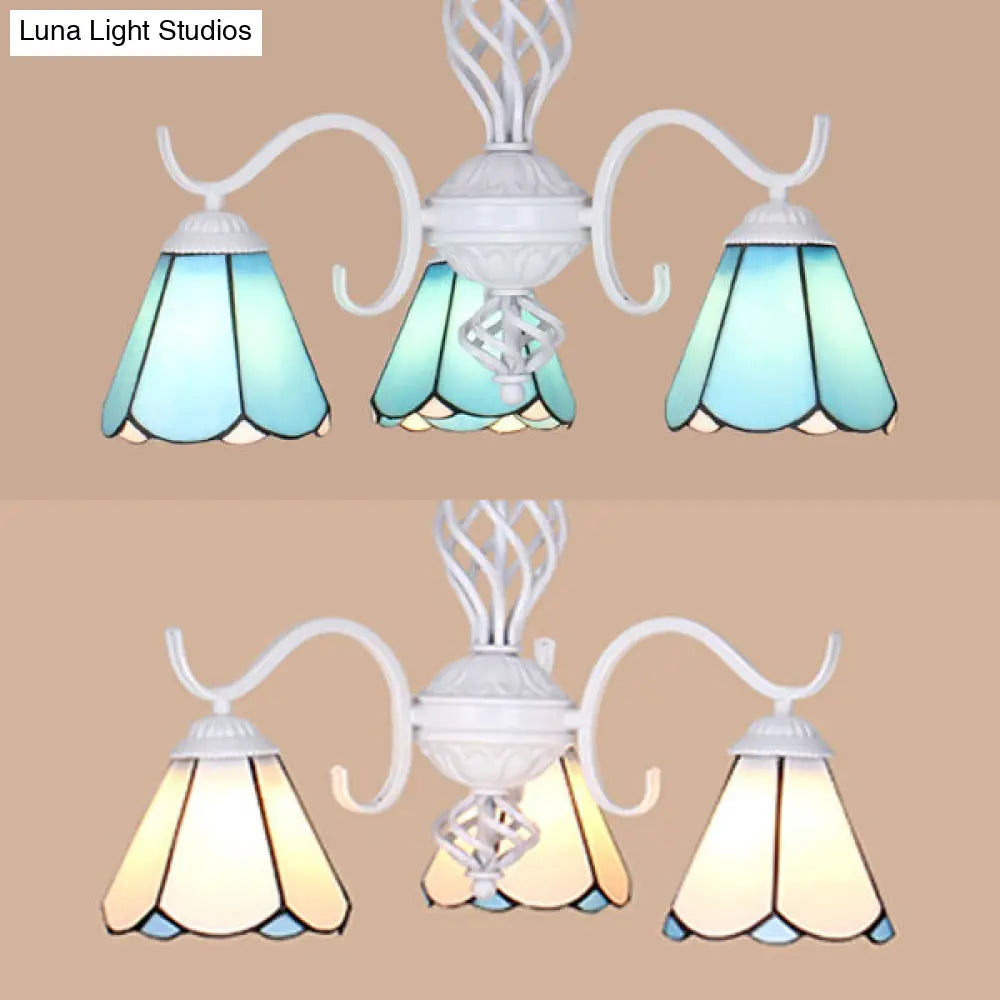 Conical Chandelier With Metal Chain & 3 Lights - Tiffany Stained Glass Foyer Lighting (White/Blue)